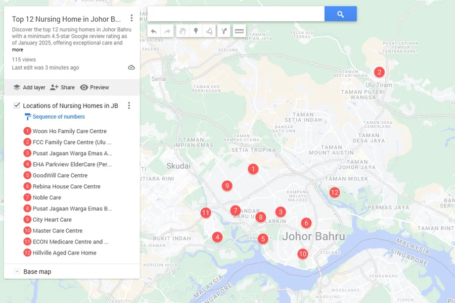 The Map for Top 12 Nursing Homes in Johor Bahru as of Jan 2025 (Click this image to open the Map)