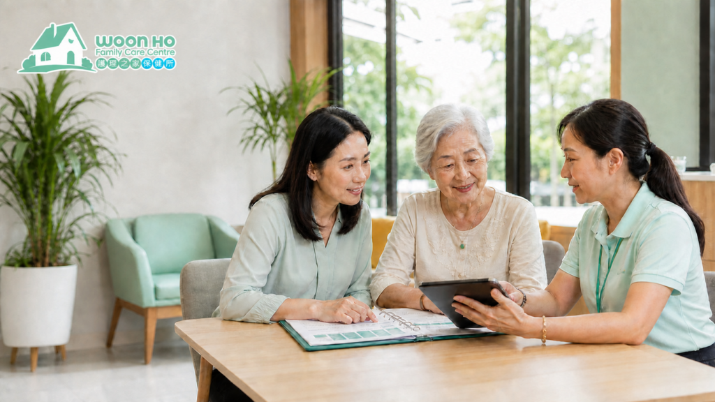 Family discussing nursing home care fees with a Woon Ho care advisor in Johor Bahru