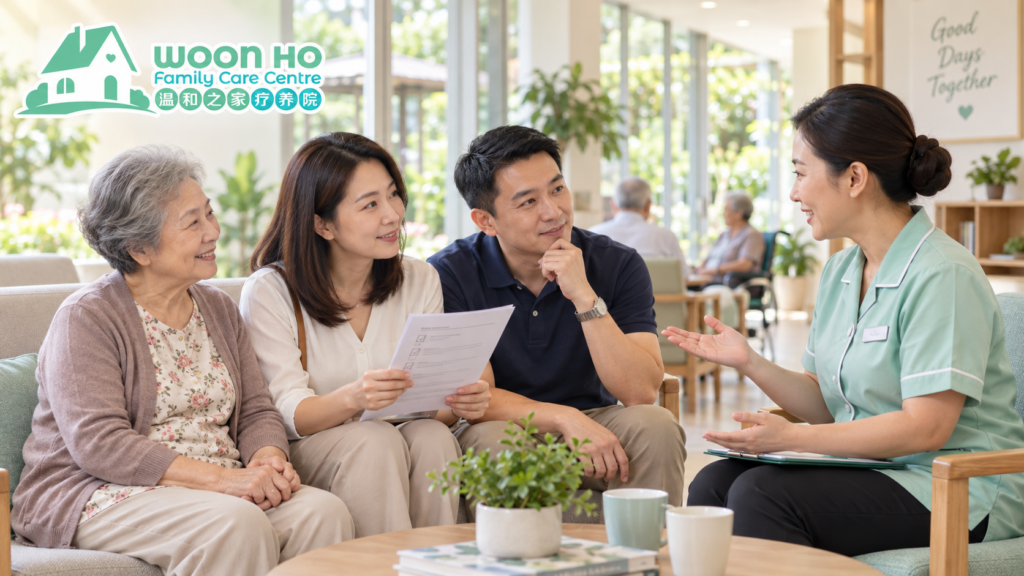Illustration of a family discussing a nursing-home checklist with a care coordinator, with the Woon Ho logo.