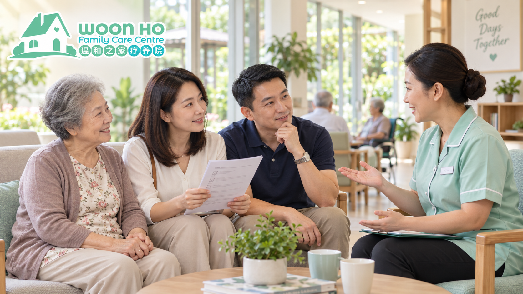 Illustration of a family discussing a nursing-home checklist with a care coordinator, with the Woon Ho logo.