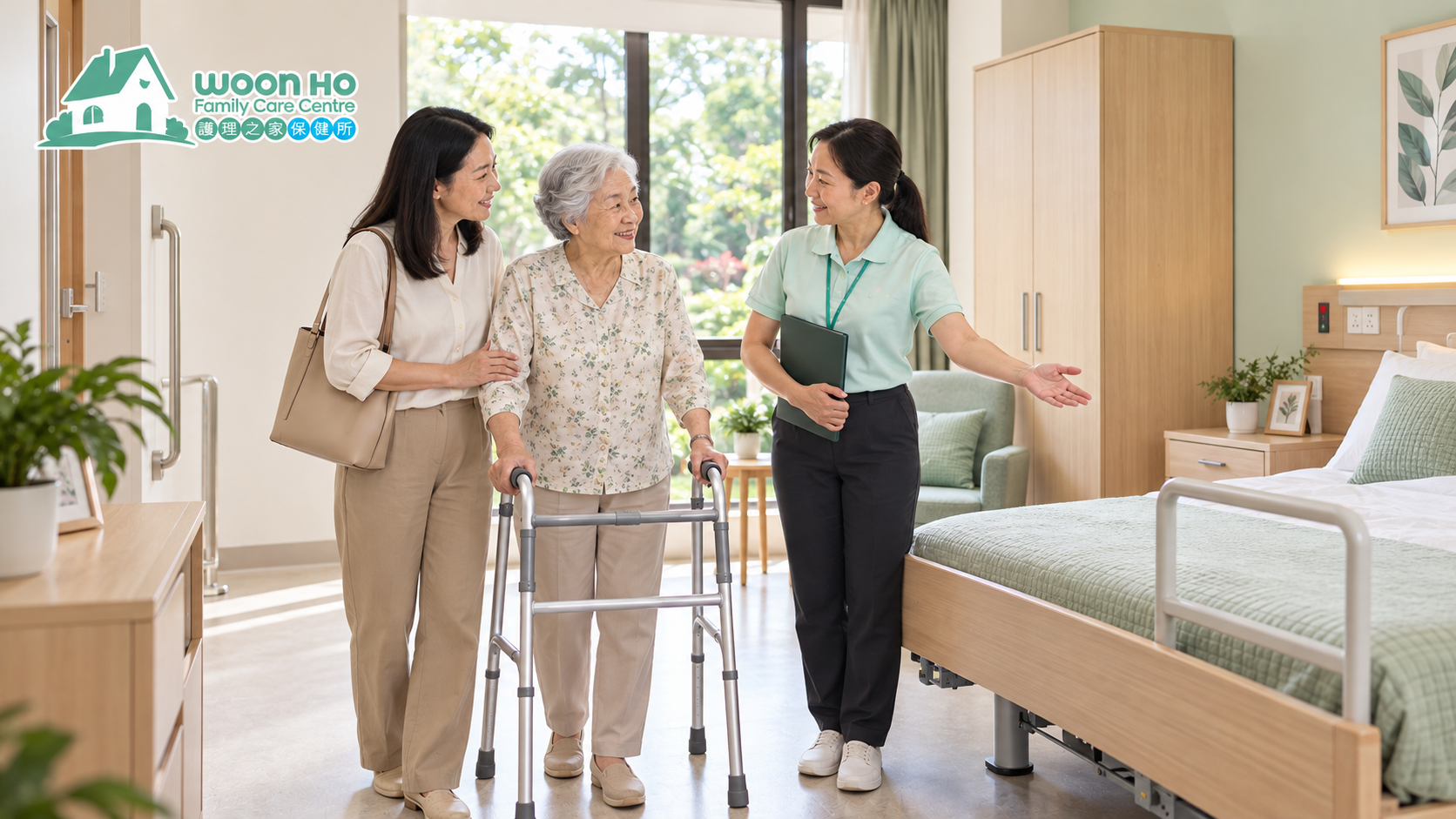 Illustration of an elderly mother and her daughter viewing a care room with a care advisor, with Woon Ho branding.